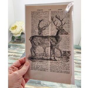 Buck Deer Antlers Rustic Lodge Vintage Dictionary Page Decor Nature Handmade